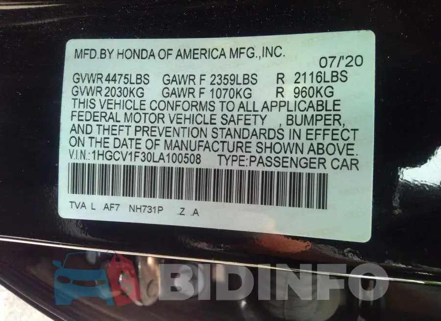 1HGCV1F30LA100508 Photo# 9