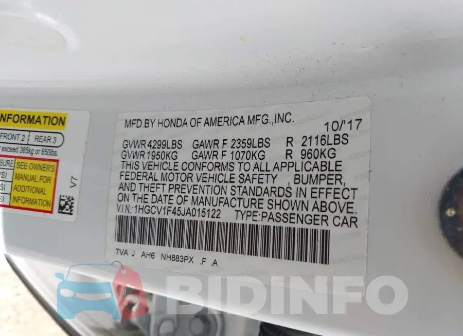 1HGCV1F45JA015122 Photo# 9