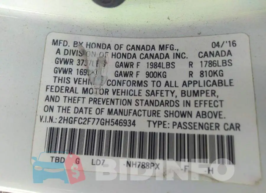 2HGFC2F77GH546934 Photo# 9