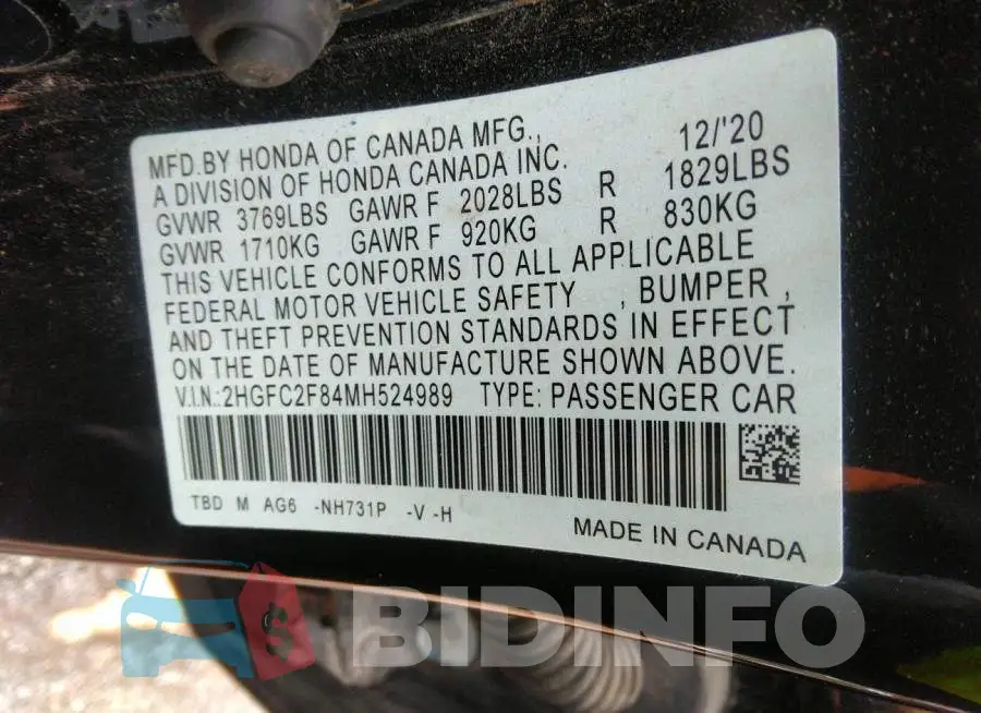 2HGFC2F84MH524989 Photo# 9