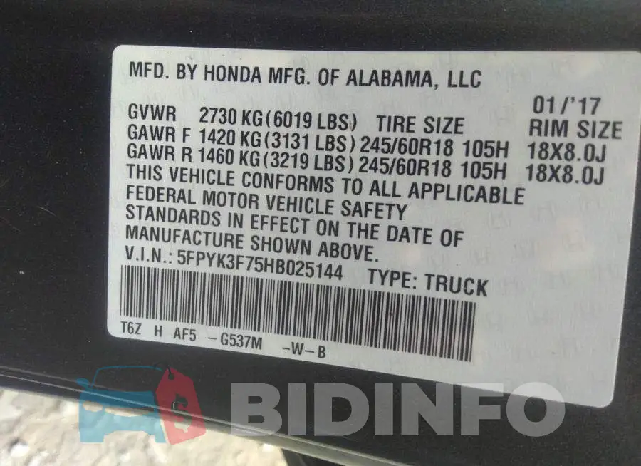 5FPYK3F75HB025144 Photo# 9