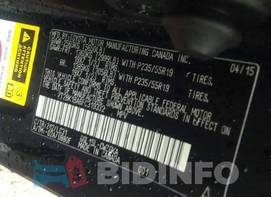 2T2BK1BA6FC319332 Photo# 9