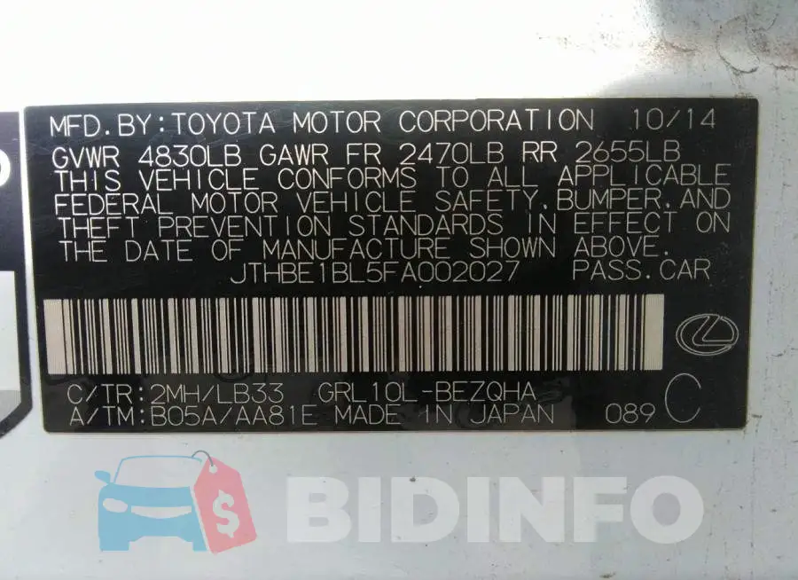 JTHBE1BL5FA002027 Photo# 9