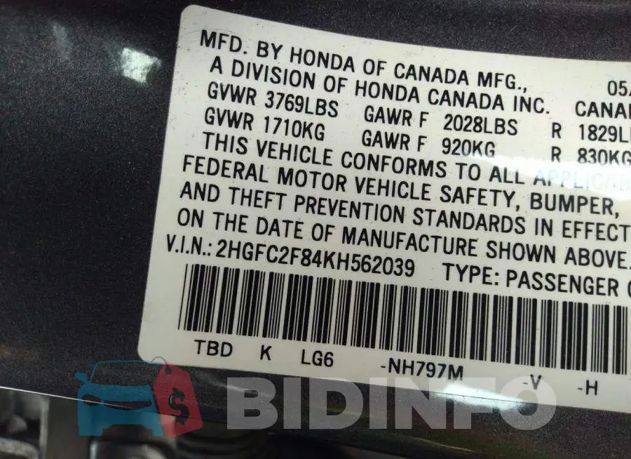 2HGFC2F84KH562039 Photo# 9