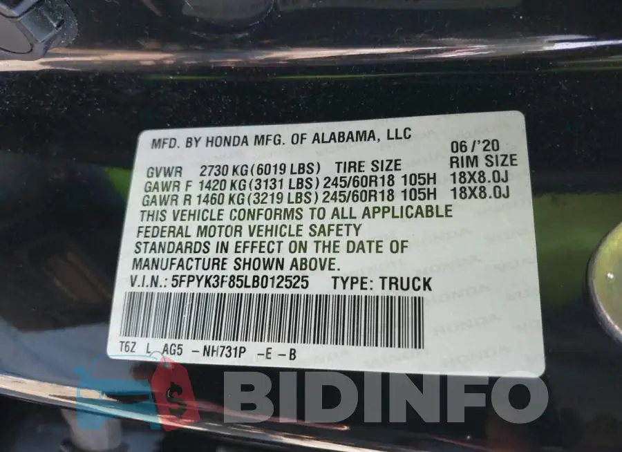 5FPYK3F85LB012525 Photo# 9
