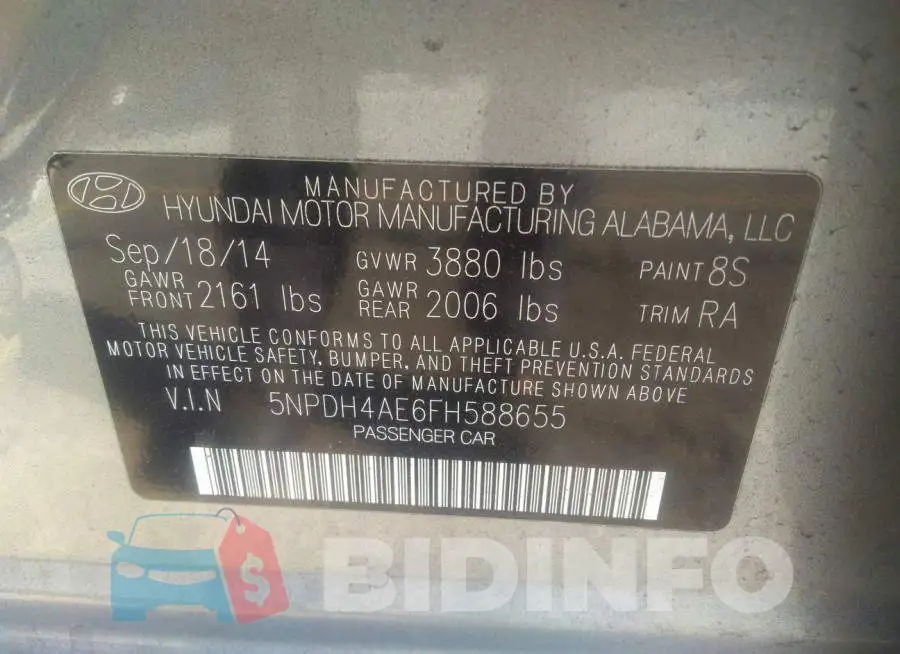 5NPDH4AE6FH588655 Photo# 9