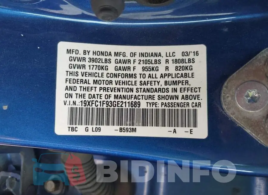 19XFC1F93GE211689 Photo# 9