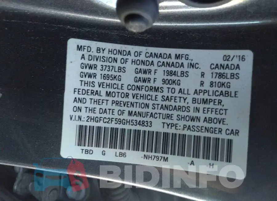 2HGFC2F59GH534833 Photo# 9