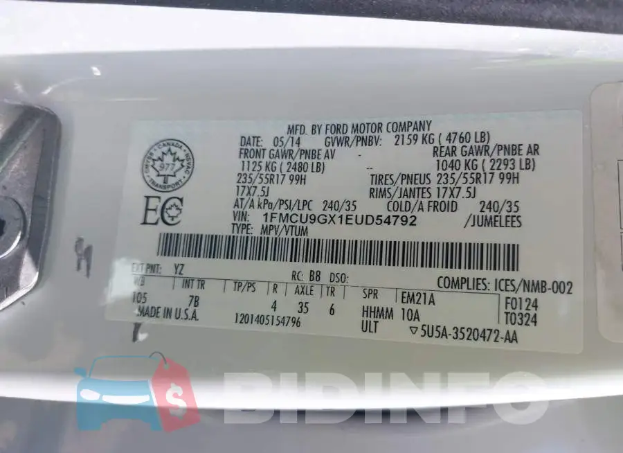 1FMCU9GX1EUD54792 Photo# 9