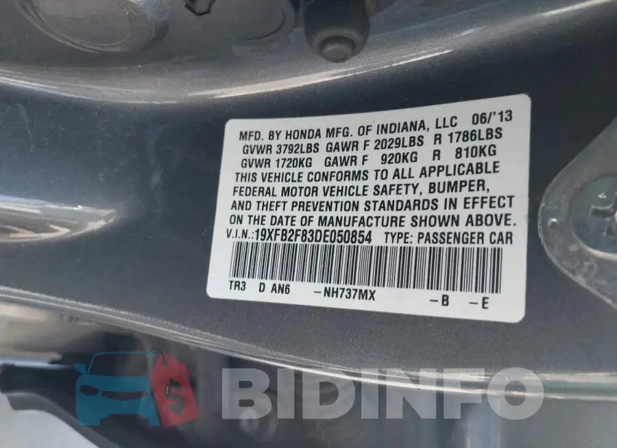 19XFB2F83DE050854 Photo# 9