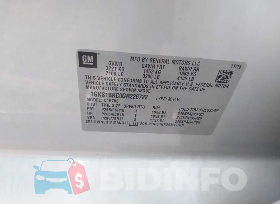 1GKS1BKC0GR226722 Photo# 9