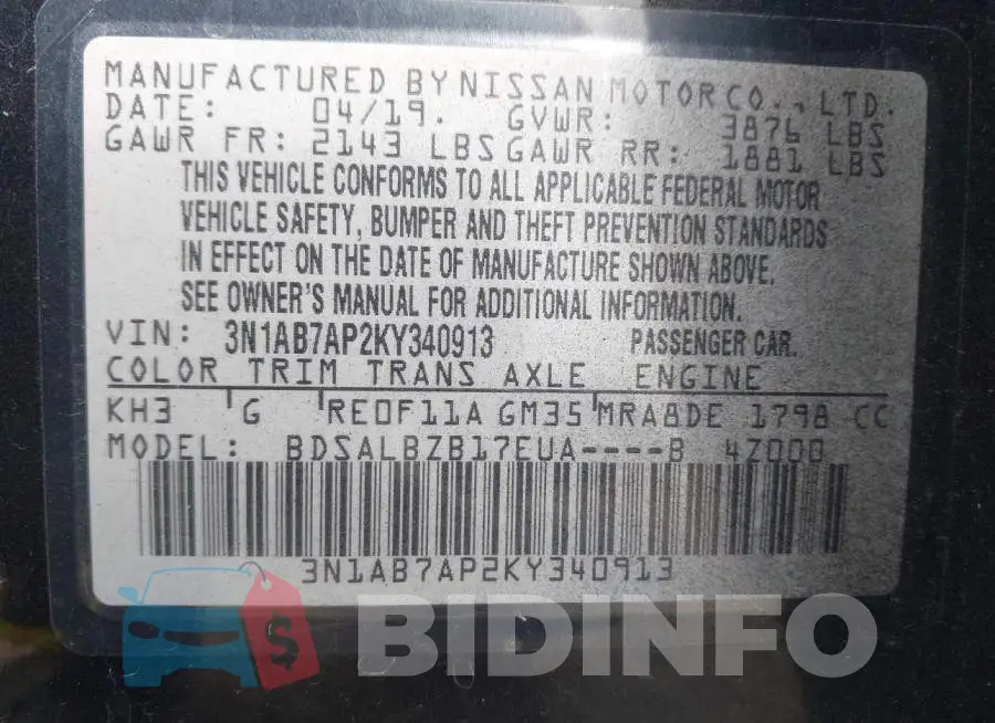3N1AB7AP2KY340913 Photo# 9