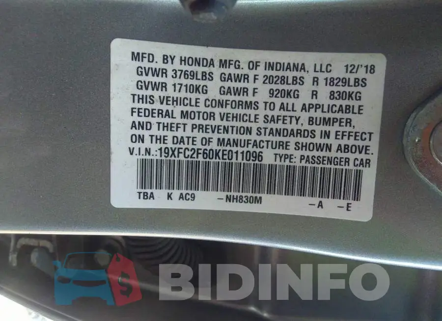 19XFC2F60KE011096 Photo# 9