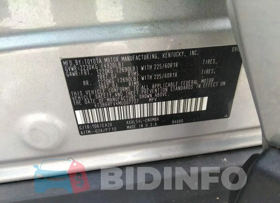 4T3B6RFV4MU007727 Photo# 9