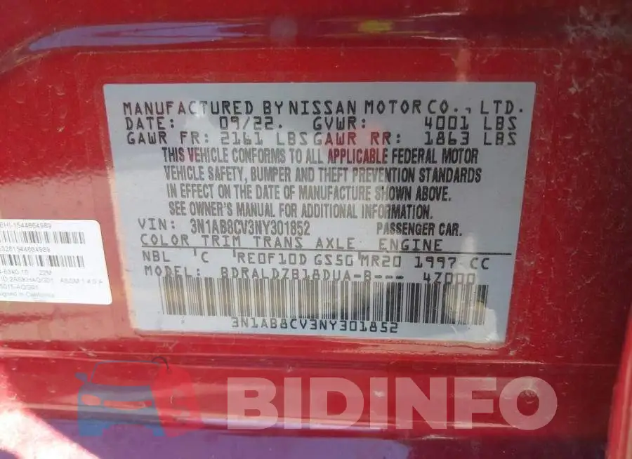 3N1AB8CV3NY301852 Photo# 9