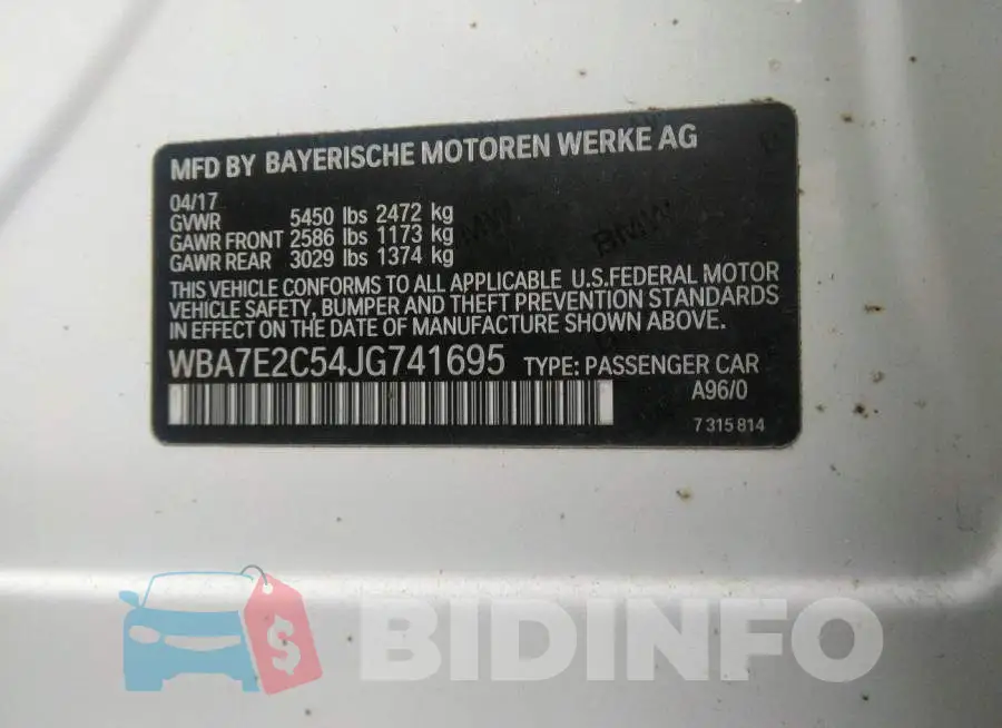 WBA7E2C54JG741695 Photo# 9