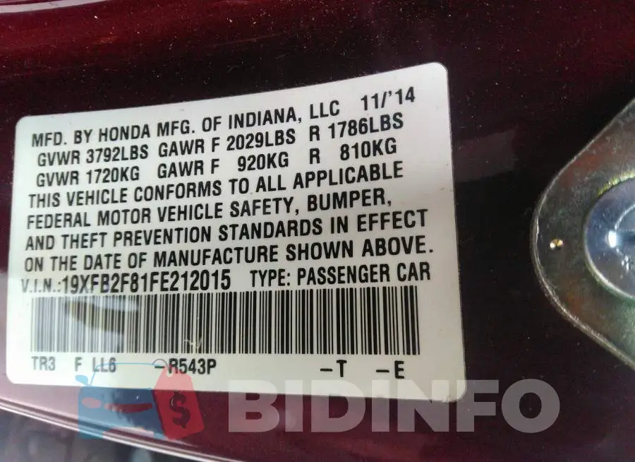 19XFB2F81FE212015 Photo# 9