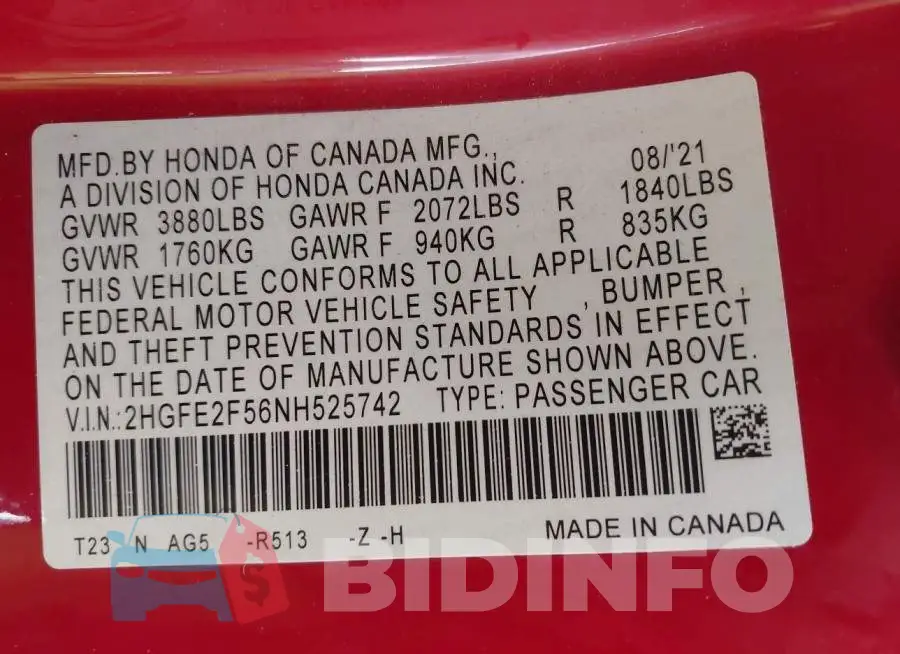 2HGFE2F56NH525742 Photo# 9