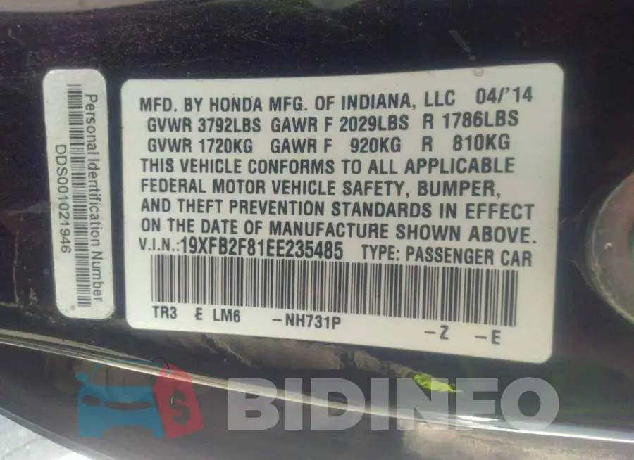 19XFB2F81EE235485 Photo# 9