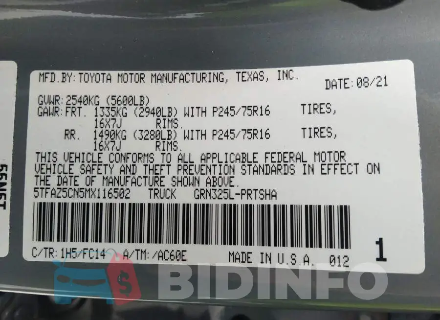 5TFAZ5CN5MX116502 Photo# 9