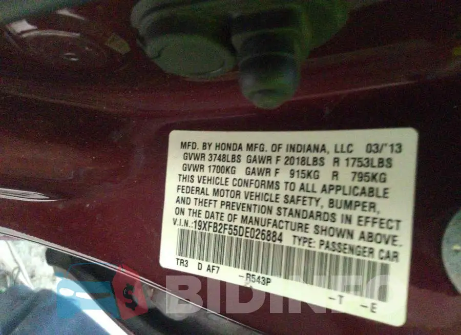 19XFB2F55DE026884 Photo# 9