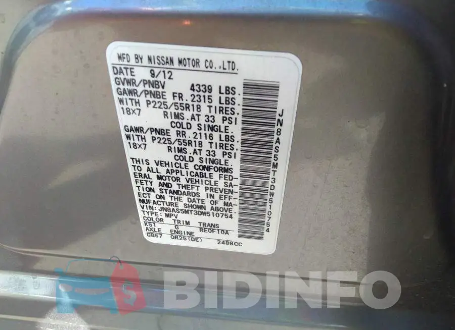 JN8AS5MT3DW510754 Photo# 9