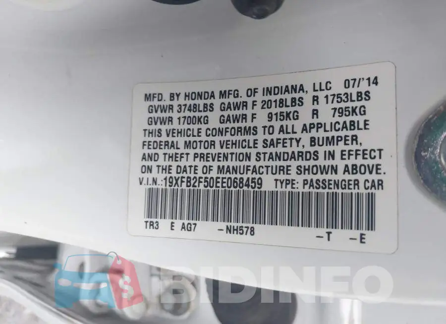 19XFB2F50EE068459 Photo# 9