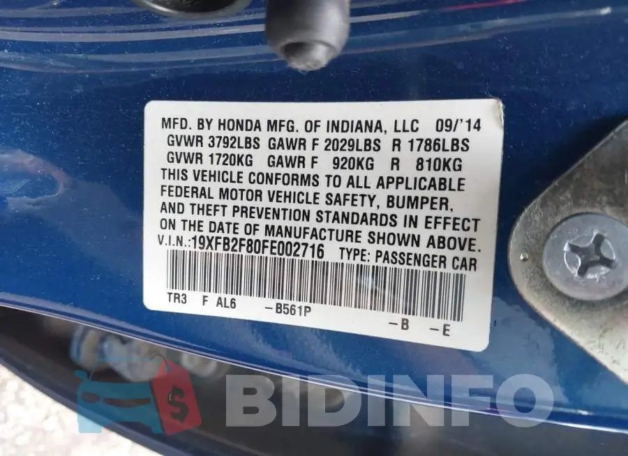 19XFB2F80FE002716 Photo# 9