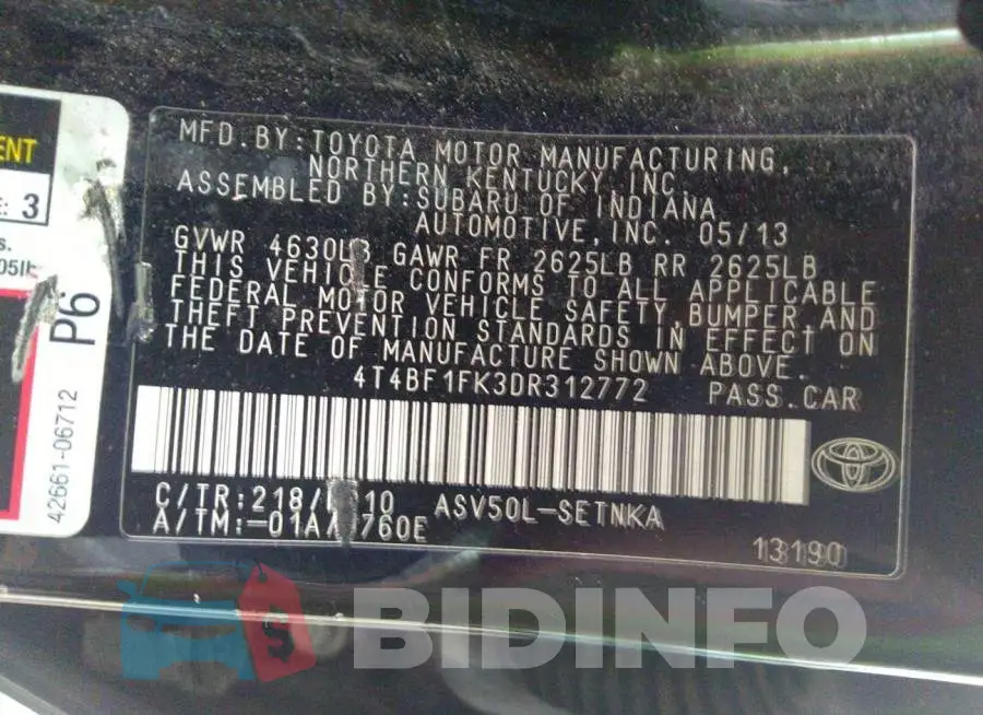 4T4BF1FK3DR312772 Photo# 9