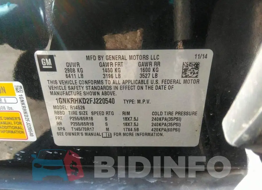 1GNKRHKD2FJ220540 Photo# 9