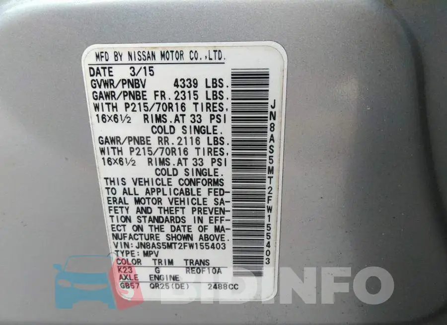 JN8AS5MT2FW155403 Photo# 9