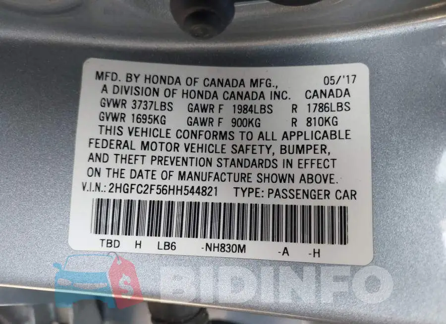2HGFC2F56HH544821 Photo# 9