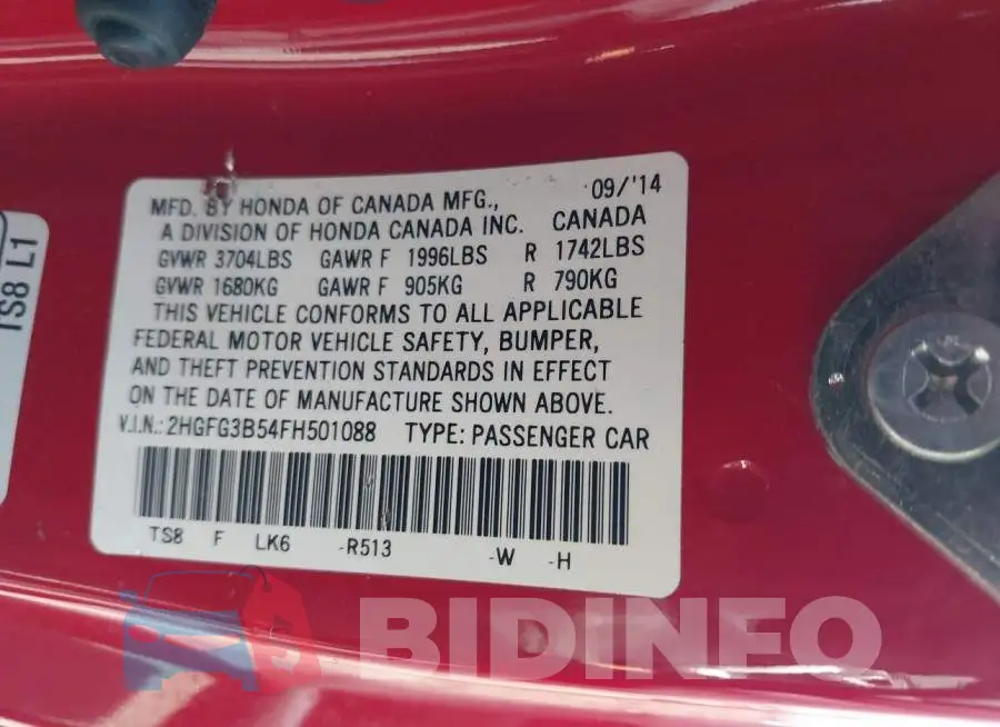 2HGFG3B54FH501088 Photo# 9