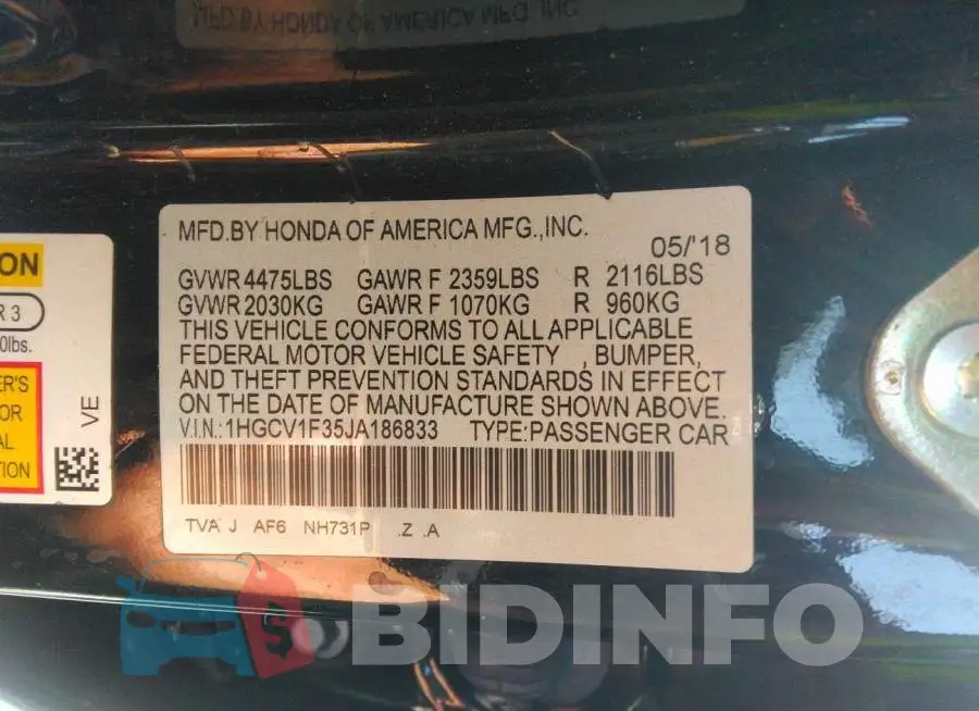 1HGCV1F35JA186833 Photo# 9