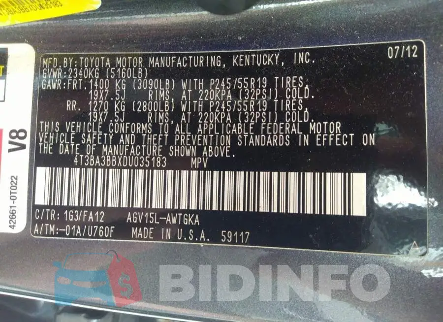 4T3BA3BBXDU035183 Photo# 9