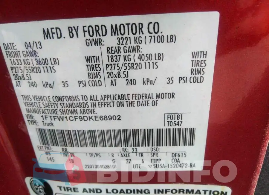 1FTFW1CF9DKE68902 Photo# 9