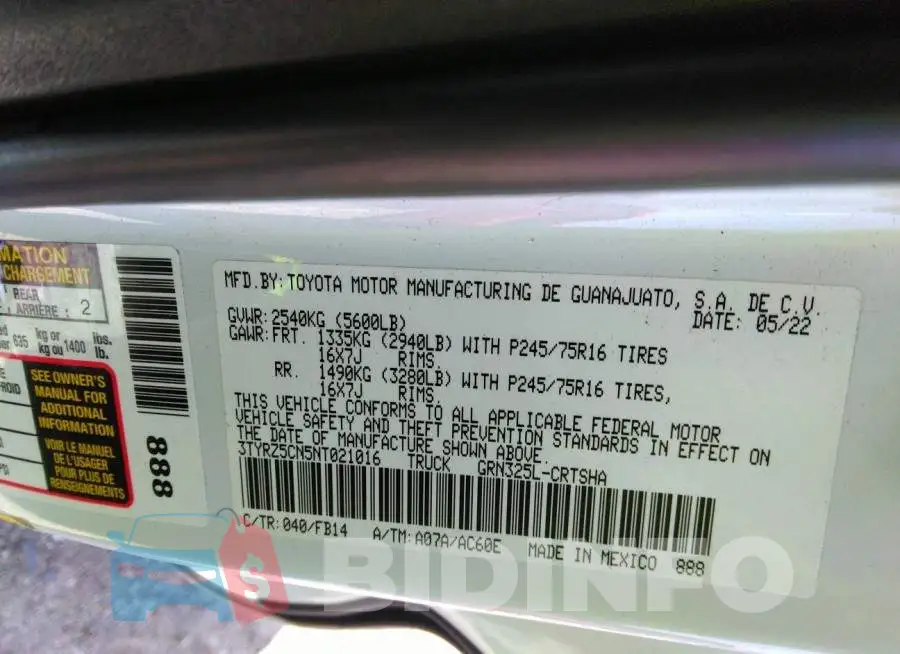 3TYRZ5CN5NT021016 Photo# 9