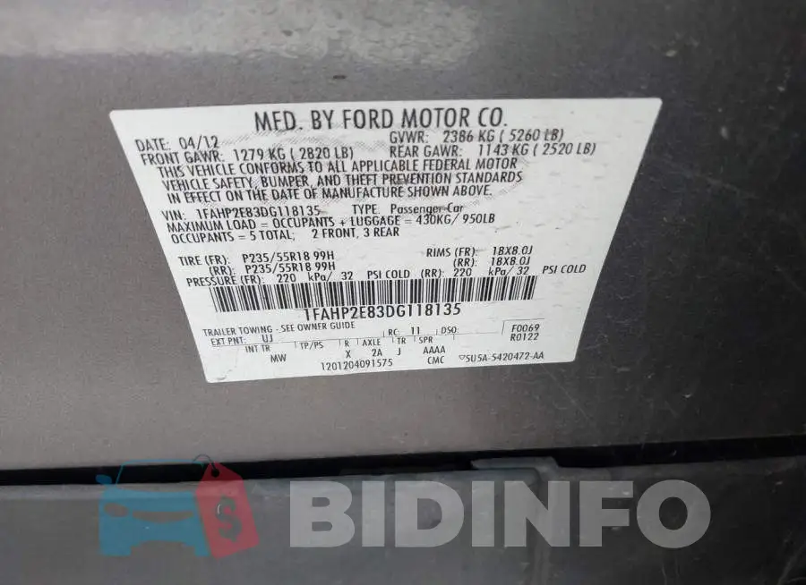 1FAHP2E83DG118135 Photo# 9