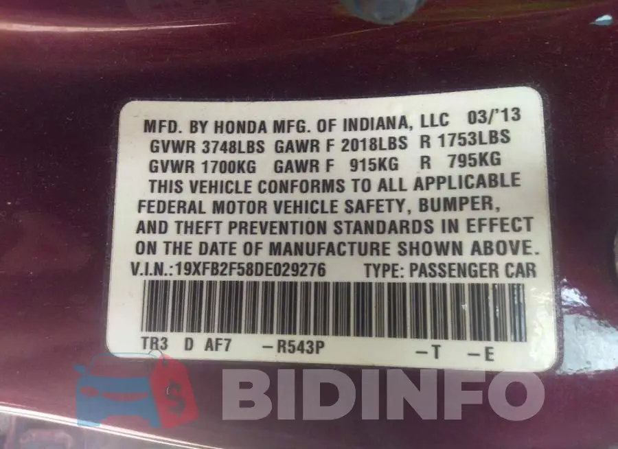 19XFB2F58DE029276 Photo# 9