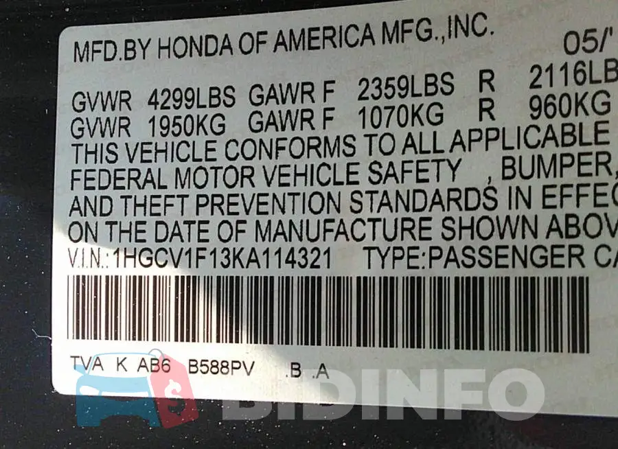 1HGCV1F13KA114321 Photo# 9