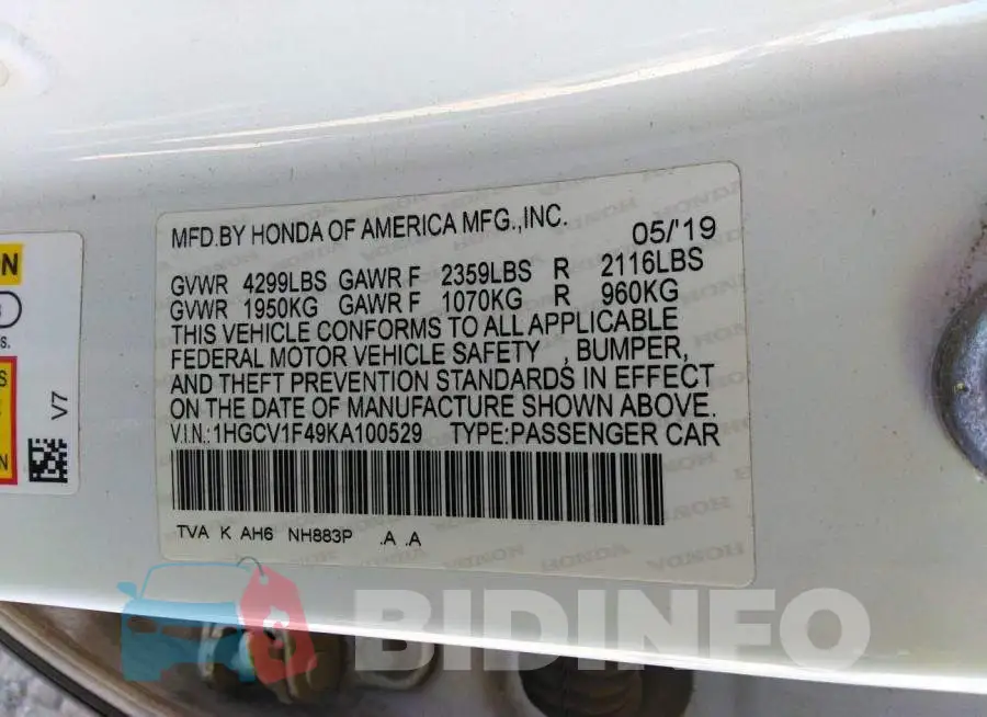1HGCV1F49KA100529 Photo# 9