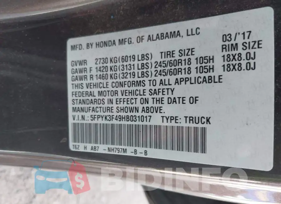 5FPYK3F49HB031017 Photo# 9