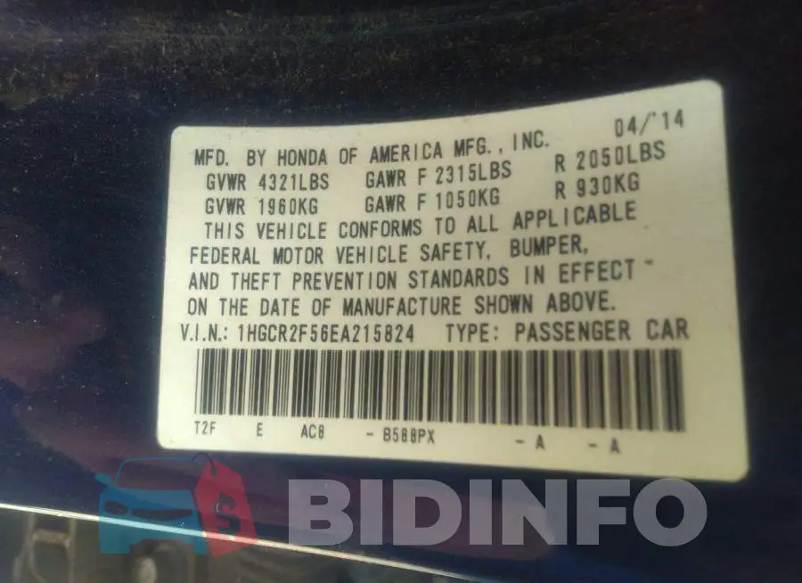 1HGCR2F56EA215824 Photo# 9