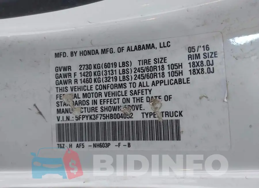 5FPYK3F75HB004052 Photo# 9