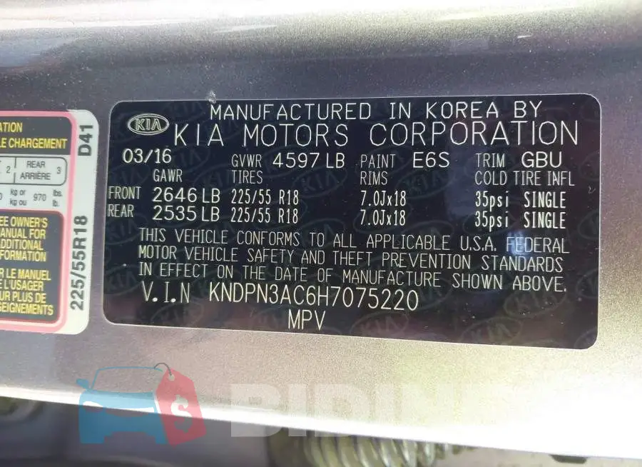 KNDPN3AC6H7075220 Photo# 9