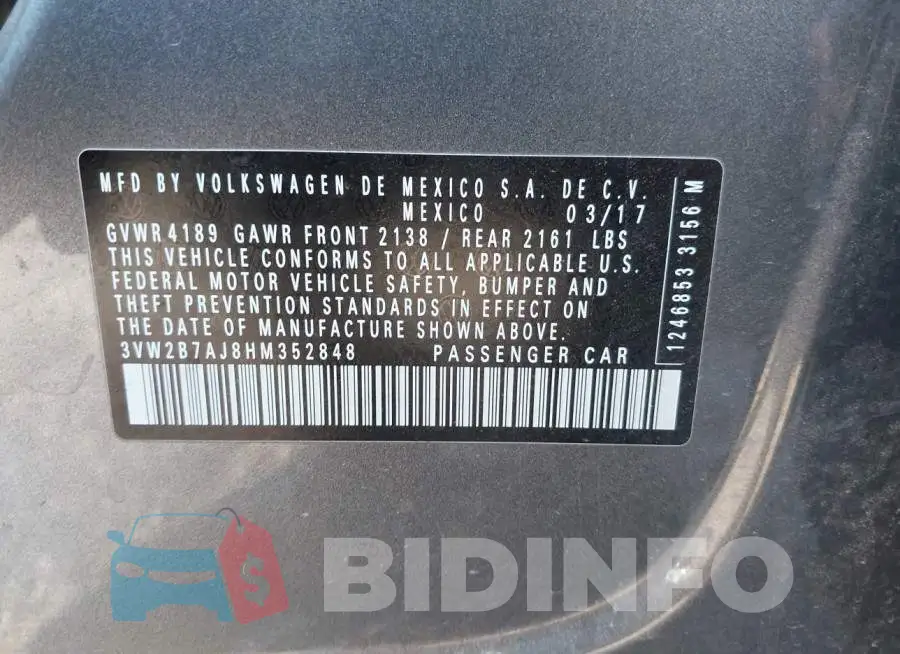 3VW2B7AJ8HM352848 Photo# 9