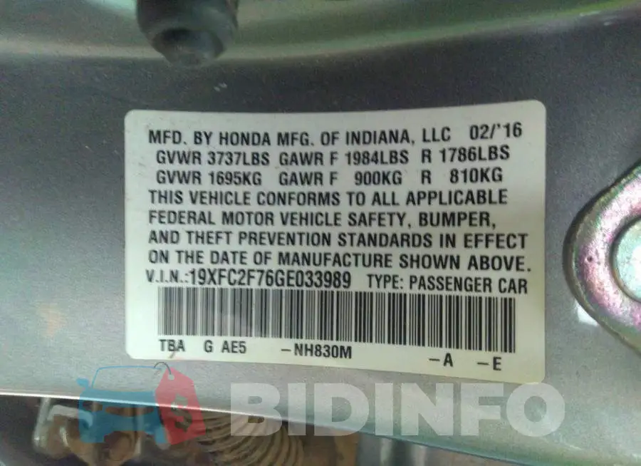 19XFC2F76GE033989 Photo# 9