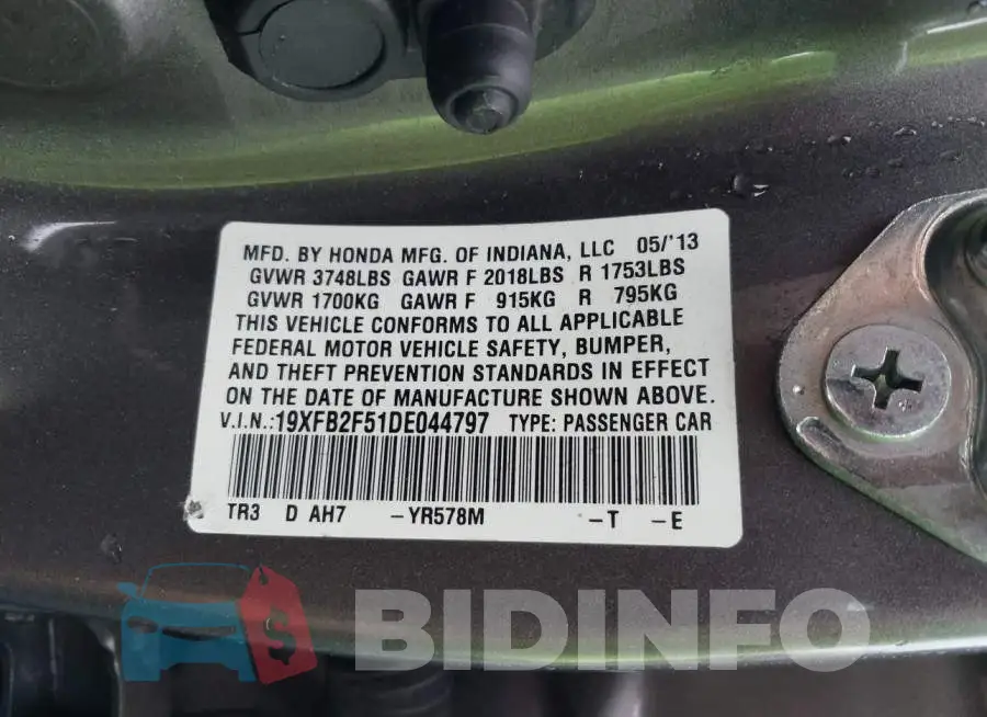 19XFB2F51DE044797 Photo# 9