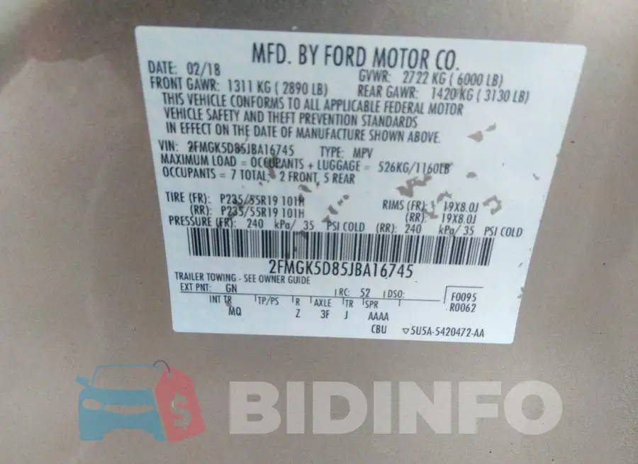 2FMGK5D85JBA16745 Photo# 9