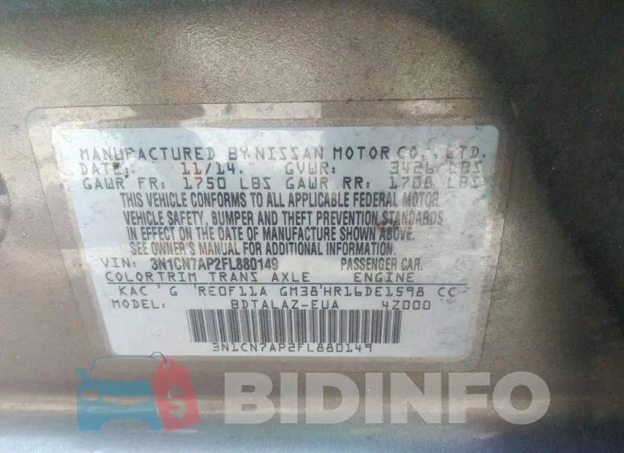3N1CN7AP2FL880149 Photo# 9